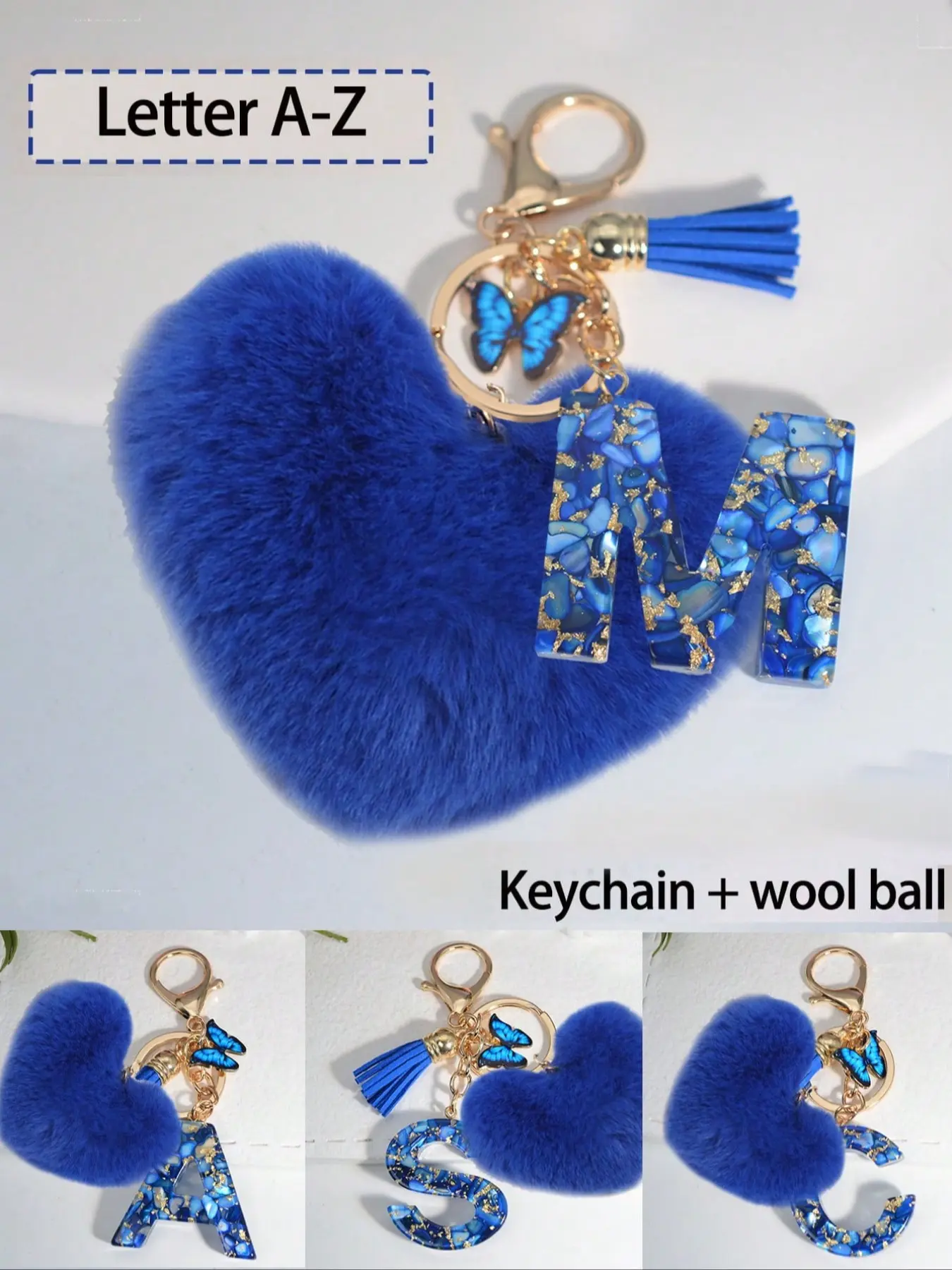 A-Z alphabet initial keychain, blue heart resin key with pom-pom, heart-shaped design, chain ring bag charm, car ornament, gift for women and girls, Valentine's Day gift, lightweight and durable, Zinc Alloy Keychain, Keychain For Bags, Keychain For Purse