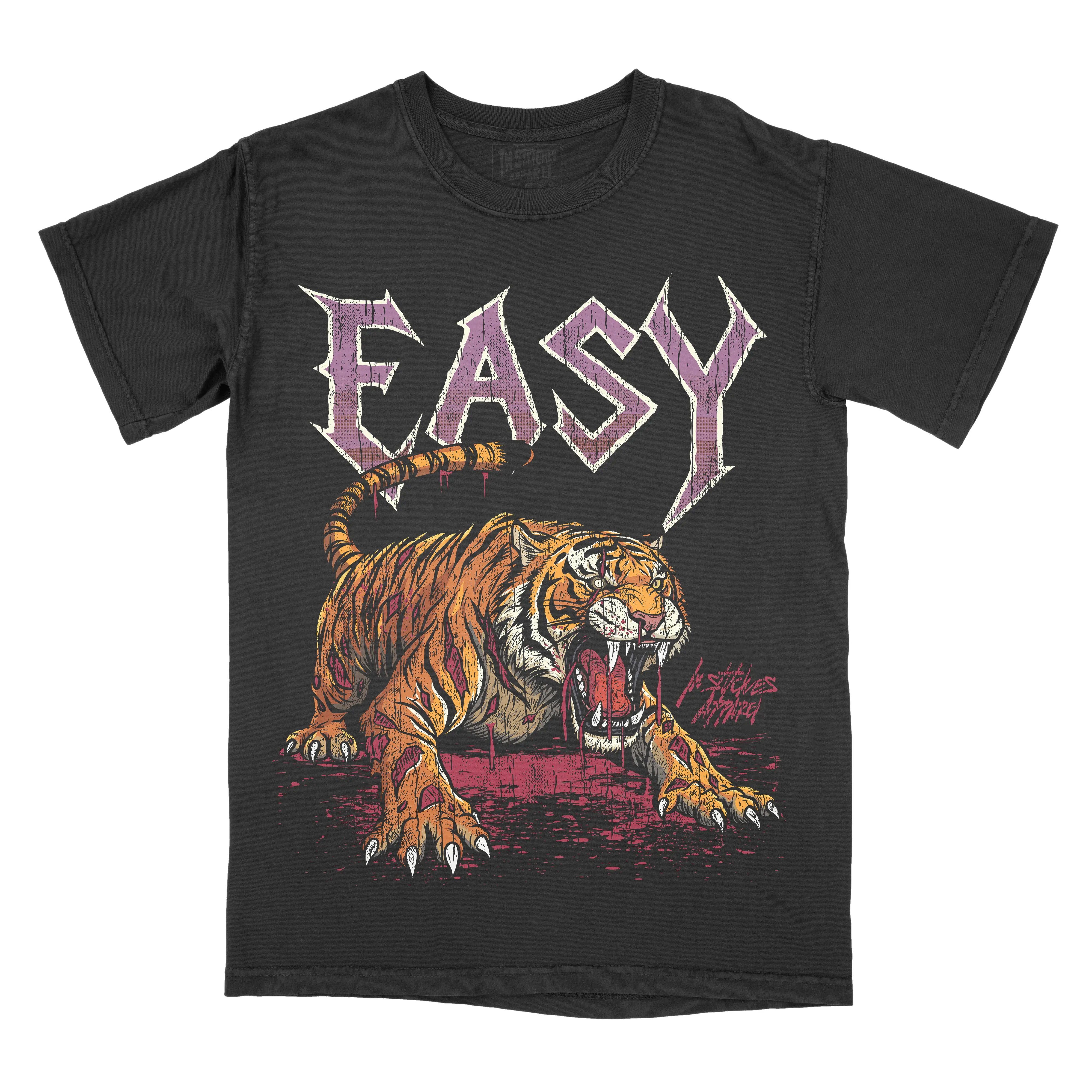 Vintage Grunge Rock Streetwear Short-Sleeve T-Shirt - Polyester Fabric, High-Def Roaring Bloody Tiger Print, Casual Sports Top, Versatile Weekend Wear, Affordable Gift for Hard Rock Fans