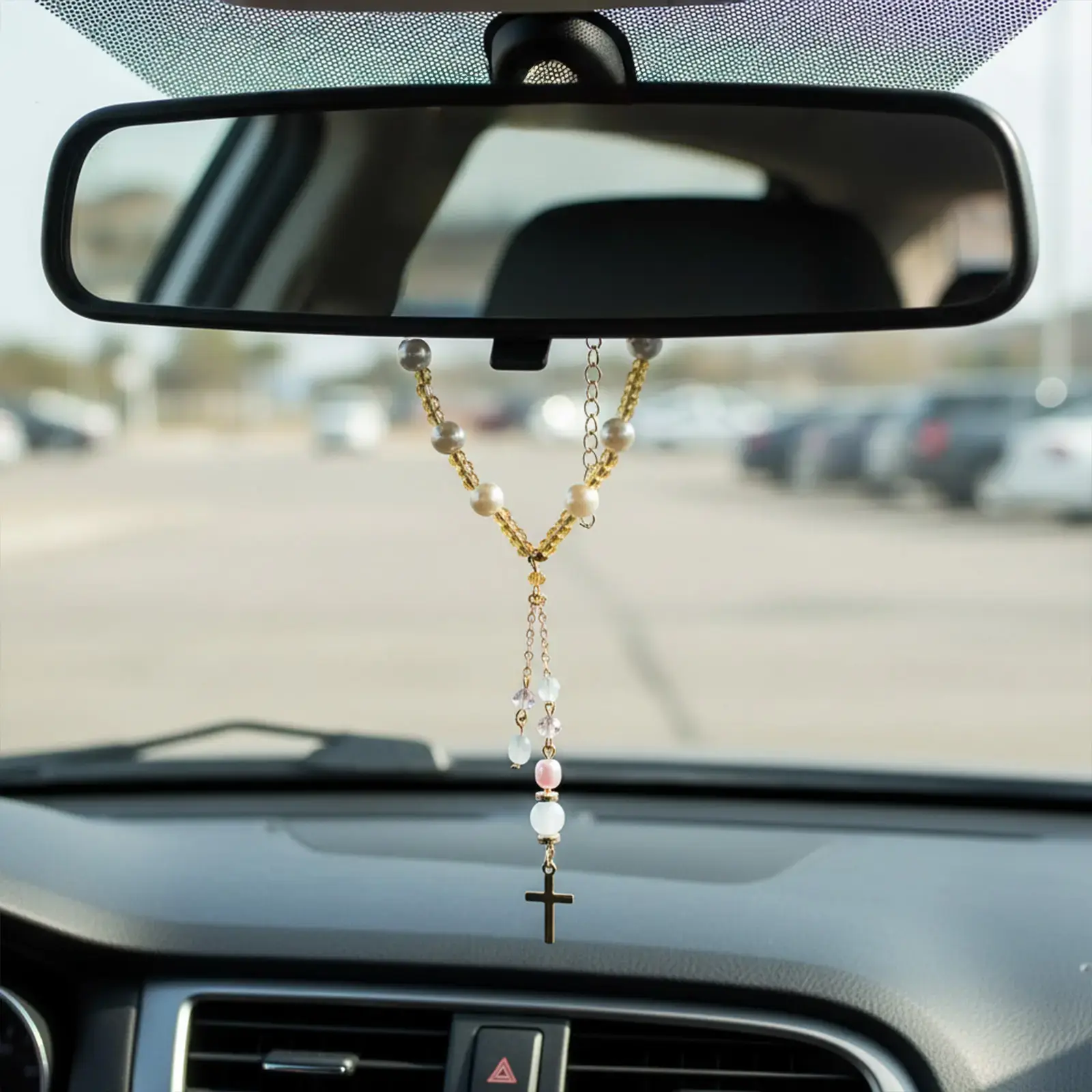 Handmade Seed Beads Christian Cross Car Trinket - Adjustable Rearview Mirror Hanger with Lobster Clasp, Suncatcher, Durable Elegant Universal Car Accessories, Vehicle Decor, Commute Gift-Ready Pendant, Car Trinkets, Cars Accessories
