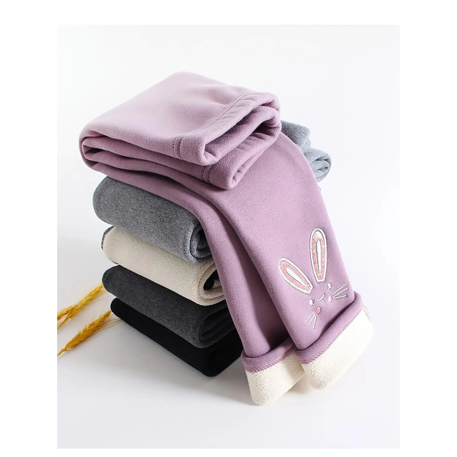 [Cozy Winter   Girls] Cozy Fleece-Lined Winter   Girls - Warm Pants with Embroidered Rabbit, Soft Pink/Gray/Black, No-Belt Design  Cold Weather, Everyday & Special Occasions - Ideal Christmas Gift Leggings for-DY