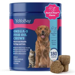 Fish Oil Chews for Dogs & Cats, Omega 3 Fish Oil for Dogs - Rich in Omega 3, 6, and 9 with Flaxseed Oil, EPA & DHA - 180 Soft Treat Chews, Duck & Pear Flavor - Anti-Inflammation, Skin & Coat Health