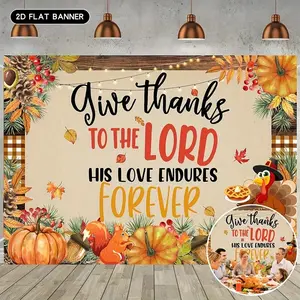 2D Flat Polyester Fabric Banner, Christian Faith Design with Elegant Cursive Lettering, Pumpkin & Leaf Backdrop, Party Decoration Supplies for Autumn Harvest Thanksgiving Events