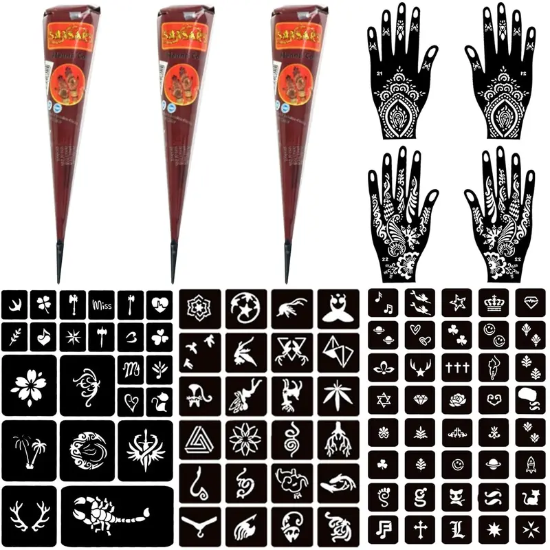 Temporary Tattoo Kits 3 Henna tattoo cones 101 Stencils Semi Permanent Tattoo Markers Jagua Gel for Women Men Kids DIY Art Painting Party Gifts