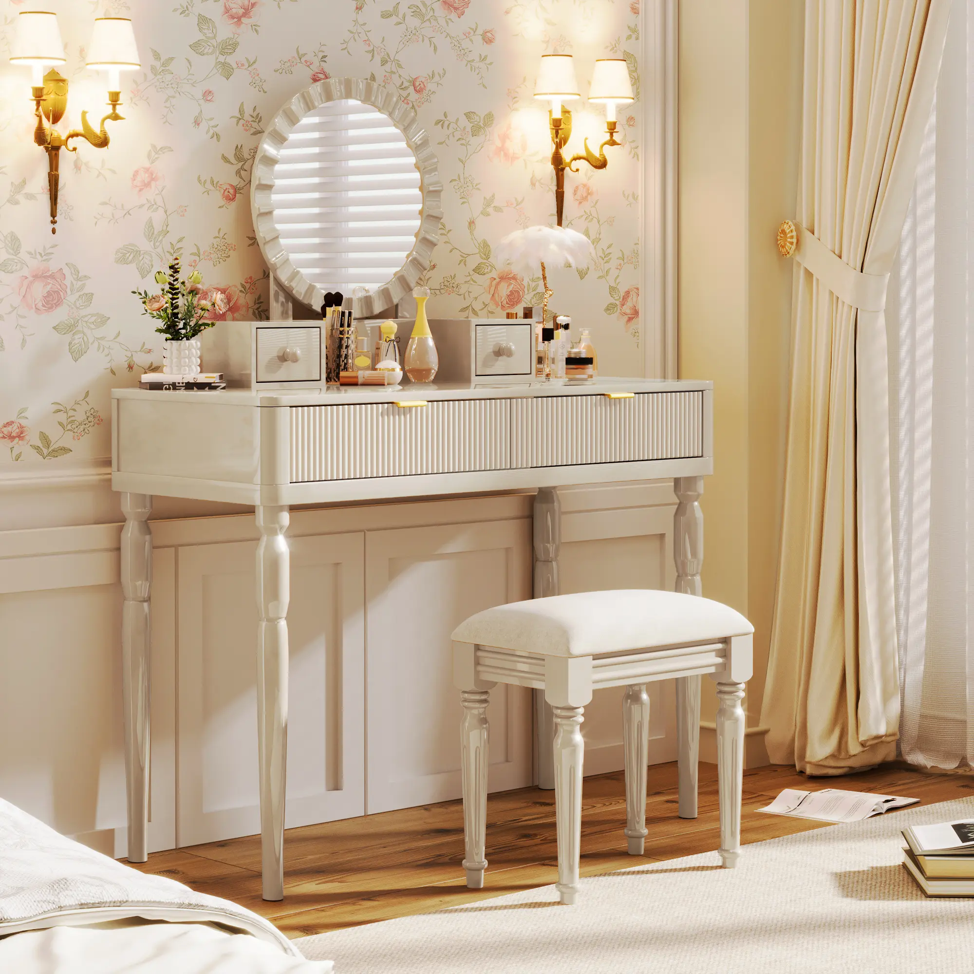 Luxury Makeup Vanity Desk with Round Mirror 4 Drawers & Stool, Height-Adjustable, Stylish Dressing Table Set for Bedroom, Champagne