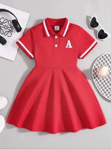 Girl's Letter Patched  Polo Neck   Dress, Collared Button Dress, Casual Short Sleeve A Line Dress for Summer, Kids Clothes for Daily Wear