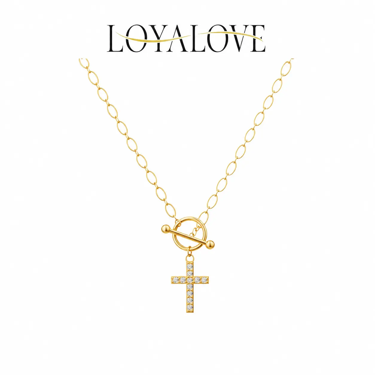 LOYALOVE 14K Gold Plated Cross Necklace for Women, CZ Christian Pendant with Toggle Clasp, Trendy Oval Link Faith Jewelry Gift for Her