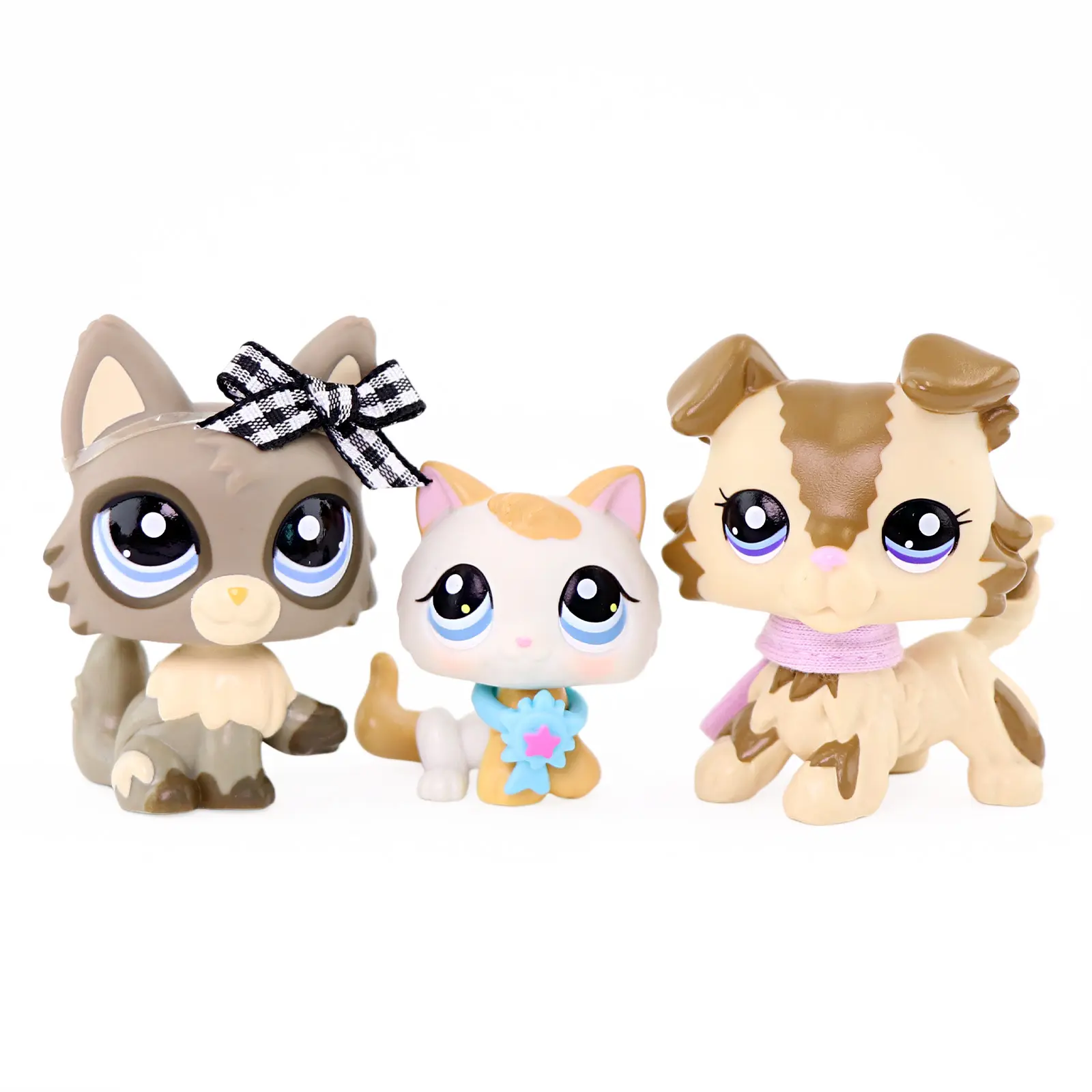 3Pcs Kawaii Drop-Resistant Solid PVC Big-Eye Animal Figurines Kit - Wolf, Cat Kitten, Collie Dog Mini Collectible Figures, Desktop Ornament, Kids' Play Toy Gift, Kawaii Accessories, Figures Kit