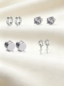 Men's Magnetic Ear Clips Set, Stainless Steel No Piercing Fake Earrings, Creative Fashion Accessories, 4 Pairs Unisex Jewelry