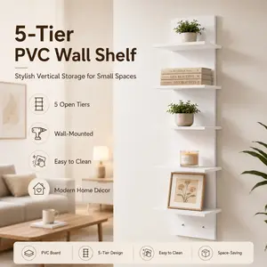 5-layer white PVC wall shelf - Heavy duty floating shelf, no assembly required, self-adhesive installation, space-saving vertical storage unit, suitable for books, plants, artwork - Modern minimalist/Bohemian style decor, multi-functional plastic.