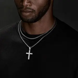 Cross Silver Plated Zircon Pendant Necklace for Men, 3mm Stainless Steel Cuban Chain + Rope Chain Double Chain,18-26 Inch Chain Cross Necklace Jewelry Gift for Men Women