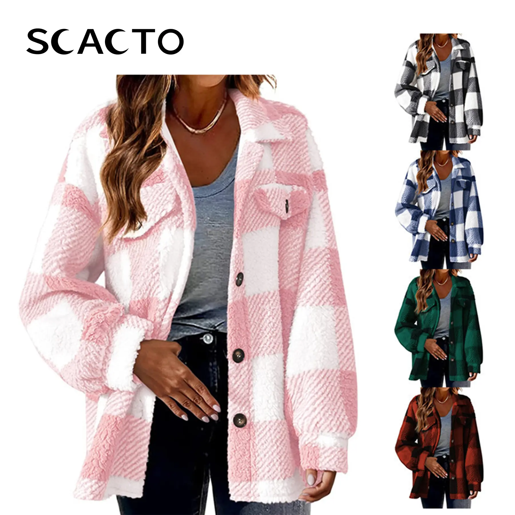 Scacto Women's Plaid Fleece Jacket, a Thick, Relaxed Fit Winter Coat with Printing for a Unique Appearance, Printing For Unique Appearance
