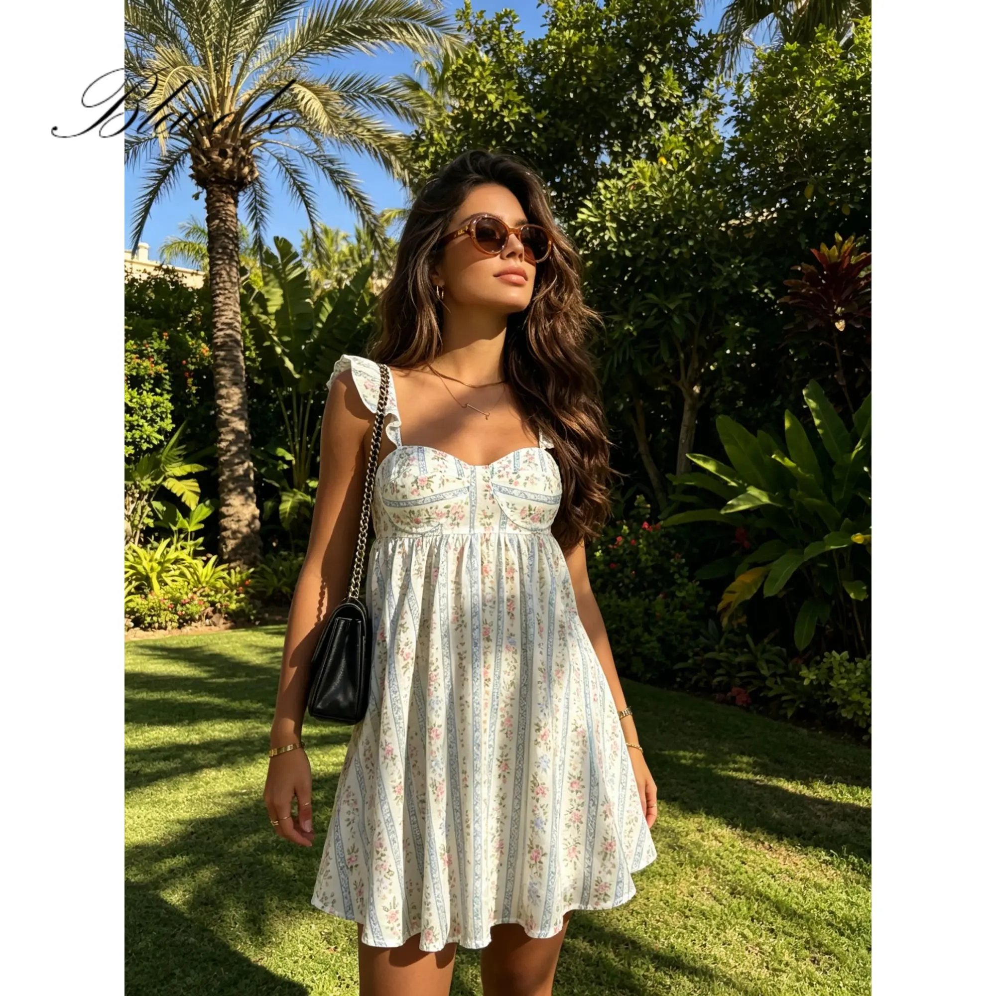 Women's Polyester Mini Dress - Colorful Strapless, Elegant Romantic Floral Print, Sleeveless Sweetheart Neck, Backless Ruffle Hem, Spring Summer Vacation Party Casual Fitted Dress, Colorful Strapless Casual Dresses