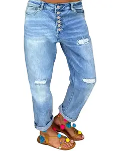 MHZ Women's Vintage Light Wash High-Waist Ripped Jeans - Front Button, Ankle-Length Straight Leg with Rolled Hem, Non-Stretch, Machine-Washable, Suitable for Casual & Formal Outfits, All-Season Wear