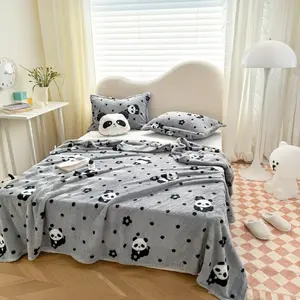1pc Summer Panda Heavyweight 350GSM Flannel Panda-Print Checked Multi-Coloured Bed Blanket – offers a comfortable and cosy sleeping experience; suitable for all seasons, machine washable, available in multiple sizes and colours Cozy Throw Blanket