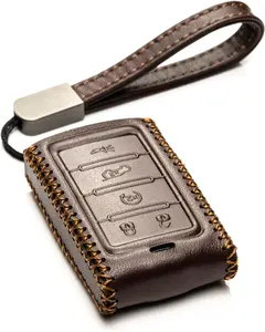Genuine Leather Smart Key Fob Case Compatible with Jeep Wagoneer, Jeep Grand Cherokee 2022-2025 (New 5-Button, Brown)