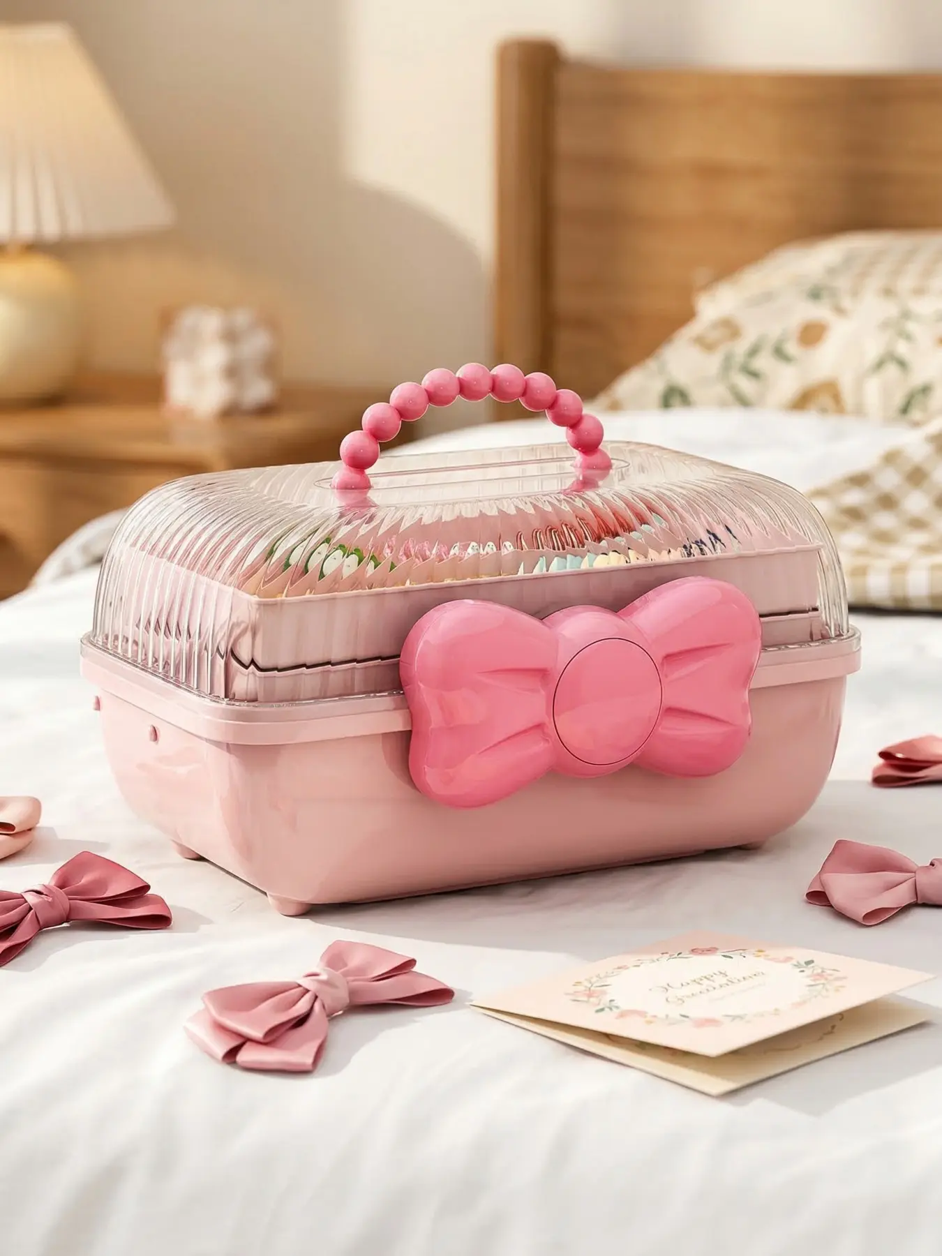 1PC Pink Bow 3-Layer Storage Box. Holds Hair Accessories, Stationery & Small Items. Must-Have Dustproof Plastic Organizer for Moms. Transparent, Dustproof, with Handle & Compartments. Perfect for Girls & Women. Gift Box Dustproof Organizer Boxes