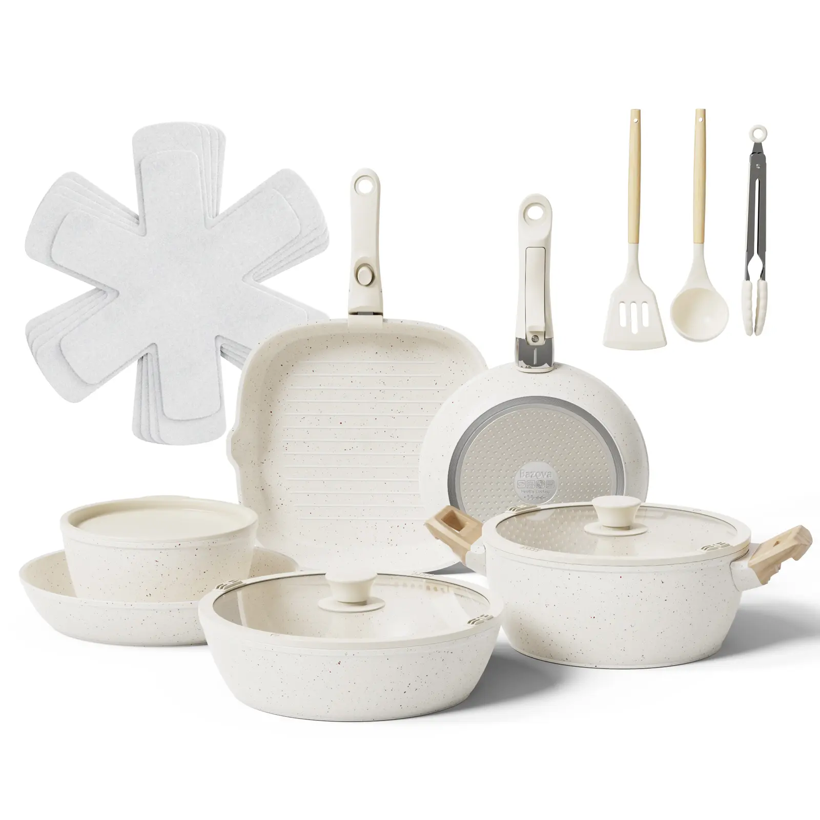 BAZOVA 19-Piece Nesting Ceramic Nonstick Cooking Pots Set - PFAS/PTFE/PFOA-Free Cream White, Detachable Handles, 8-in & 10-in Frypans, 11-inch Grill Pan, 3.6qt Casserole, Oven & Dishwasher Safe for Healthy Serving & Cooking
