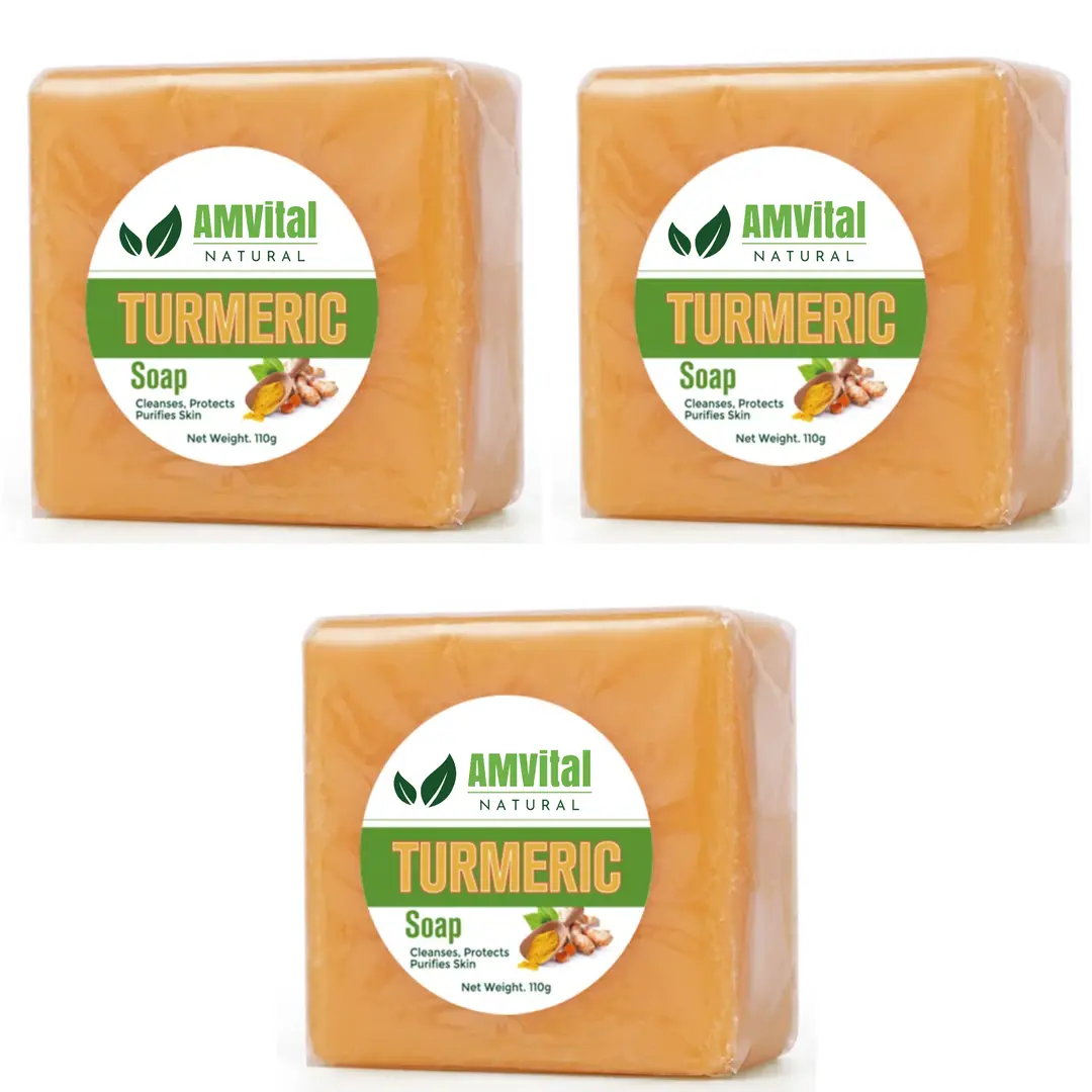 AMVital 4oz Turmeric Bar Soap (3-Pack & 1-Pack Options) - All-Natural Handmade Paraben-Free Eco-Friendly Cruelty-Free Exfoliating Cleanser for Dry Sensitive Skin Adults, Vegan Brightening Antioxidant Acne & Dark Spot Shower Product, Moisturizing Face Wash