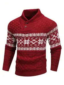 Men's Fall Outfit: Christmas Snowflake-Pattern Knit Sweater with Festive Vibe for Fall/Winter Holiday Gatherings, Thick & Warm Men's Collared Pullover