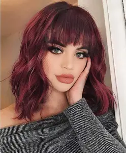 New Wavy Curly Bob Wig with Bangs Short Wavy Color Wigs for Women Bob Style Synthetic Heat Resistant Bob Wigs with Adjustable Straps & Breathable Net Cap