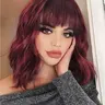 Women's Voluminous Short Curly Bob Wig with Chic Bangs - Female Synthetic Full Machine Wig, 14 in, Heat Resistant, Natural Hair Feel, Adjustable Straps, Breathable Net Cap