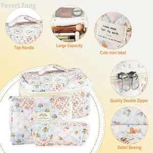 Floral Pattern Quilted Makeup Bag Set 3 Counts Travel Cosmetic Bags Cutest Makeup Bag Padded Cotton Storage for Organized Tabletop multifunctional organizer