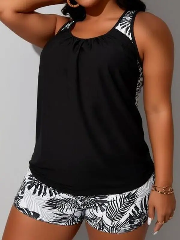 Women's Plus Size 2-Piece Tankini Outfit - Female Sporty Chic Tropical Leaf Print Blouson Racerback Top for Modern Style, Matching Boyshorts, Black/Navy Blue/Hot Pink for Summer Sports, Swimsuits, Racerback For Modern Style, Pool, Beach Days, Tankini Outf