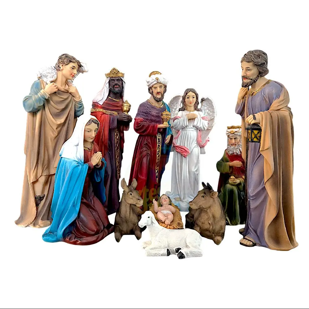 Nativity Set - Colorful Resin Figures 11 Piece 12 Inches Tall for Christmas Decor Joseph Mary Baby Jesus Wise Men Angel Shepherd Donkey Bull Sheep Religious Gift Standing/Nacimiento De Resina de 12 Pulgadas de Alto