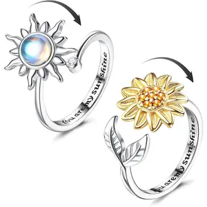 MILACOLATO 2Pcs Silver Anxiety Rings for Women Sunflower Fidget Ring You are My Sunshine Anxiety Ring Moonstone Anti Stress Ring Adjustable Open Spinner Rings for Anxiety Women