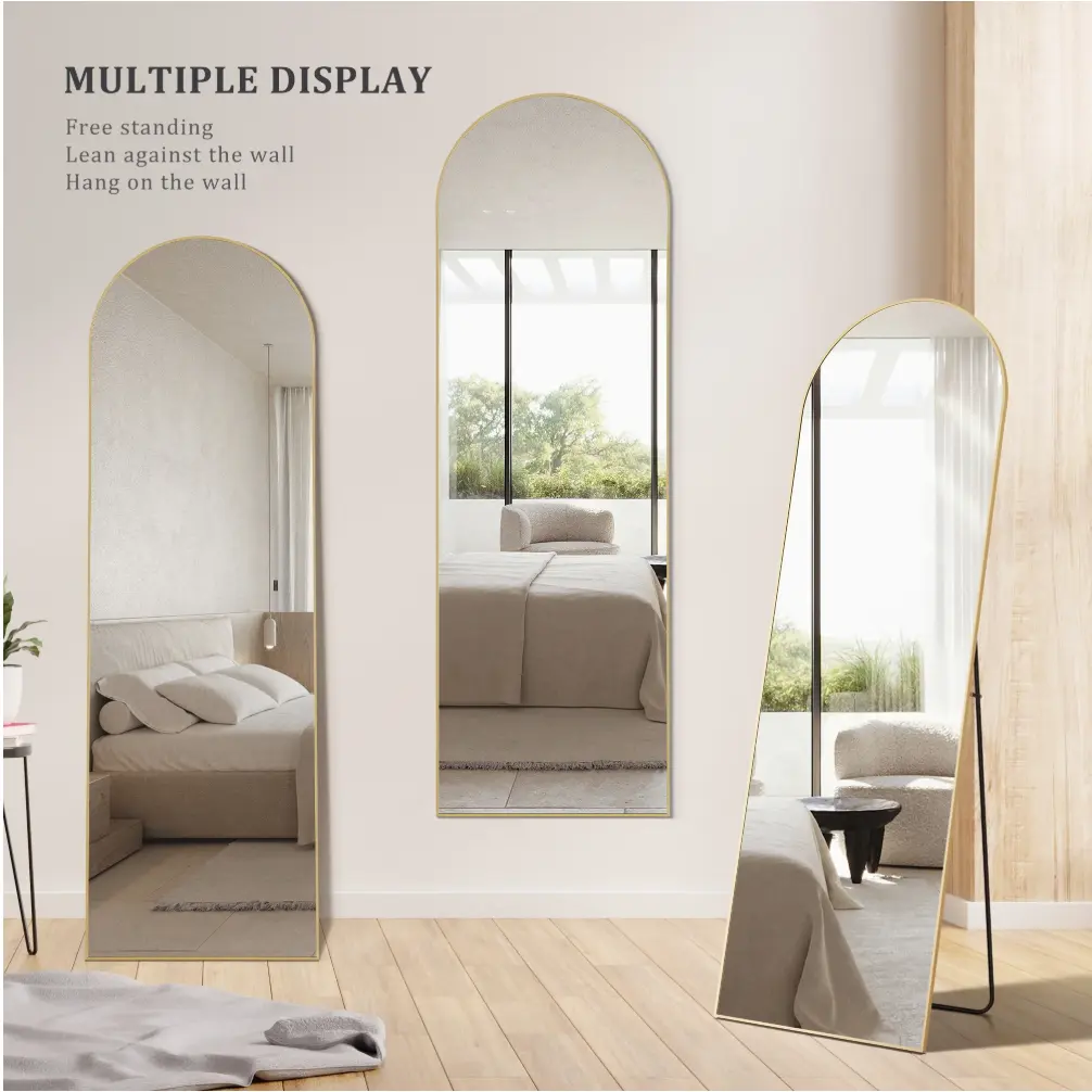 64"x21" Arched Full Length Mirror with Stand Aluminum Frame Floor Mirror for Bedroom,Glod