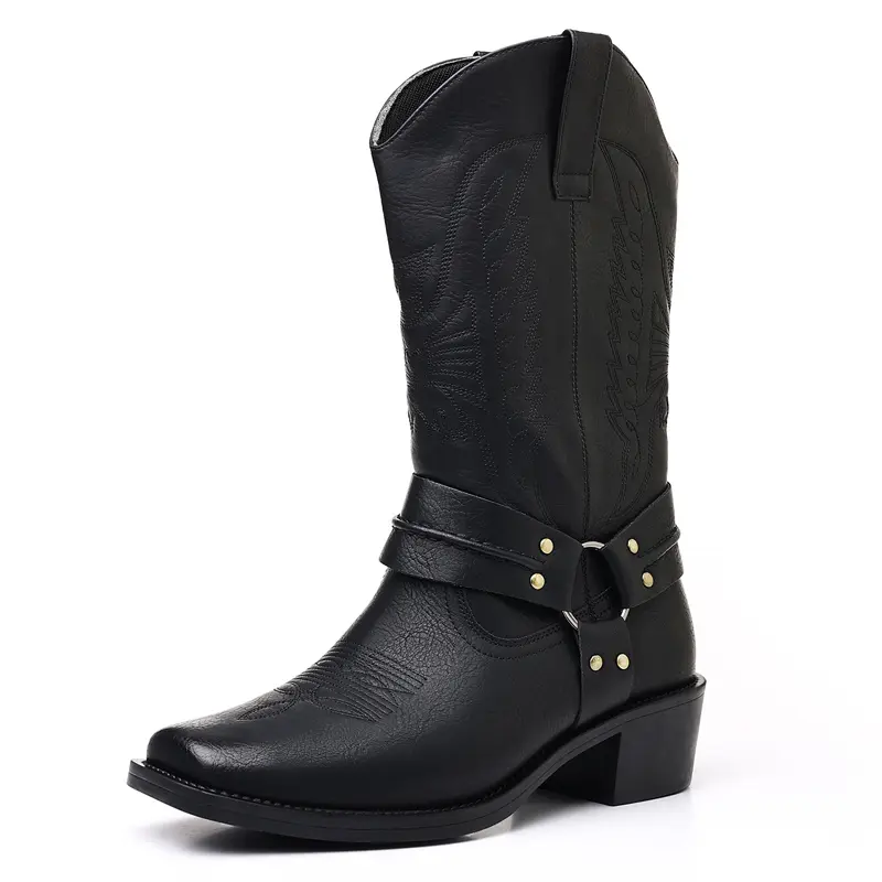 Men’s mid-calf Western cowboy boots with lacing and buckle design; outdoor casual, wear-resistant vintage boots for everyday fashion and commuting.