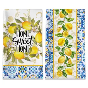 Lemon Kitchen Towels, Lemon Mediterranean Dish Towels Set of 2, Farmhouse Home Sweet Home Kitchen Decor, Summer Yellow Decorative Hand Tea Towels for Housewarming (18x26 Inches)