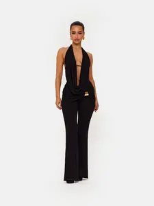 Deep V Backless Halter Top & High Waist Ruched Pants Set, Womenswear, Sexy Slim Fit Elegance Design, Perfect for Evening, Trendy Fashion