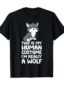 This Is My Human Costume, I'm Actually a Wolf T-Shirt, Men'S T-ShirtHot Selling Items, Gift, Fashionable, Unisex, Vintage, Soft, Breathable, Casual - Crew Neck, Regular Fit - Machine Washable, Comfortable Cotton Crew Neck Short Sleeve Graphic Print T-Shir