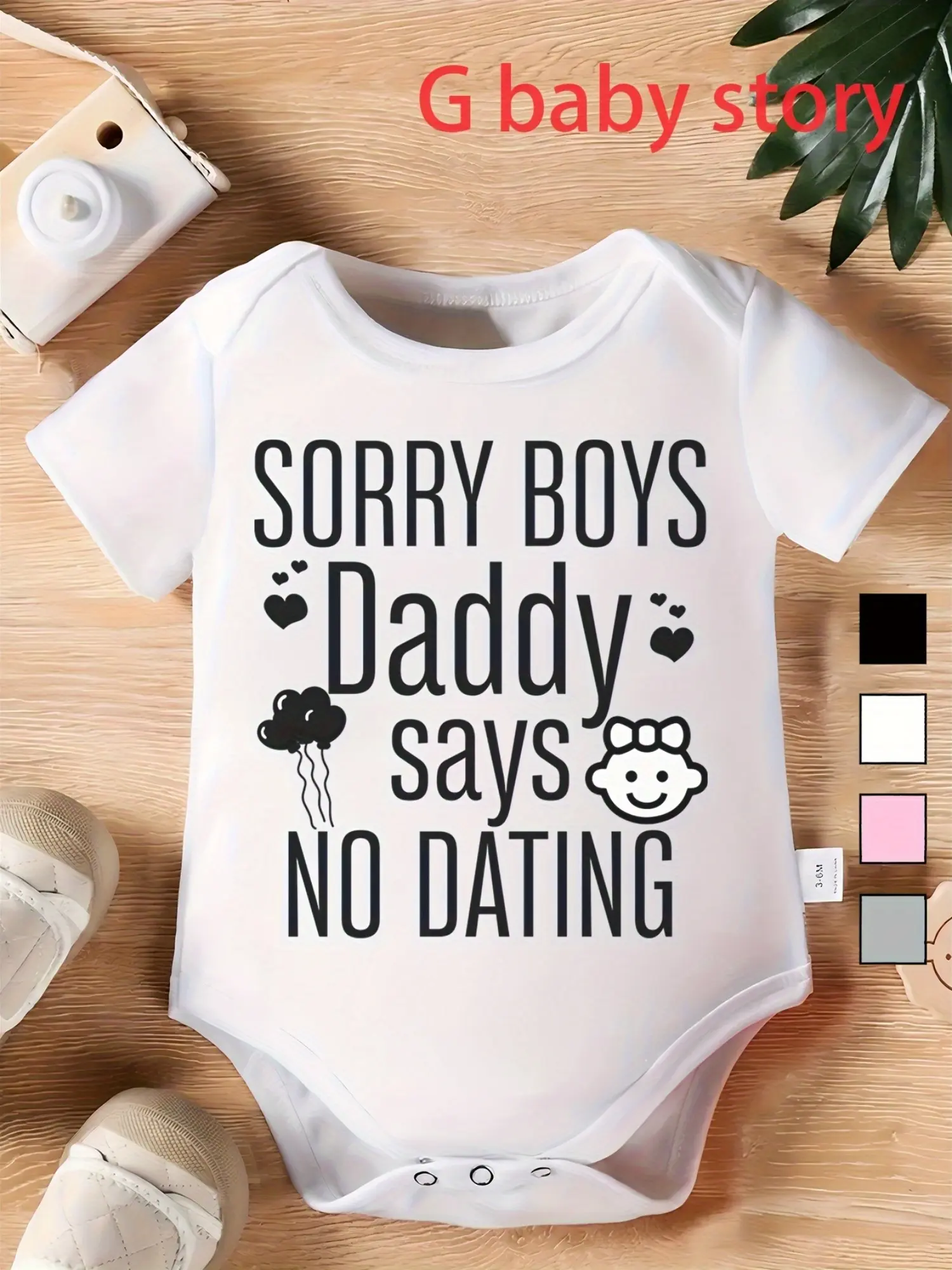 White Baby Girl Short Sleeve Onesie, Sorry Boys Daddy Says No Dating Bold Black Font Heart Balloon Girl Face Cute Protective Dad Infant Cotton Bodysuit Multiple, Onesie Shape Unisex Bodysuits & One-Pieces