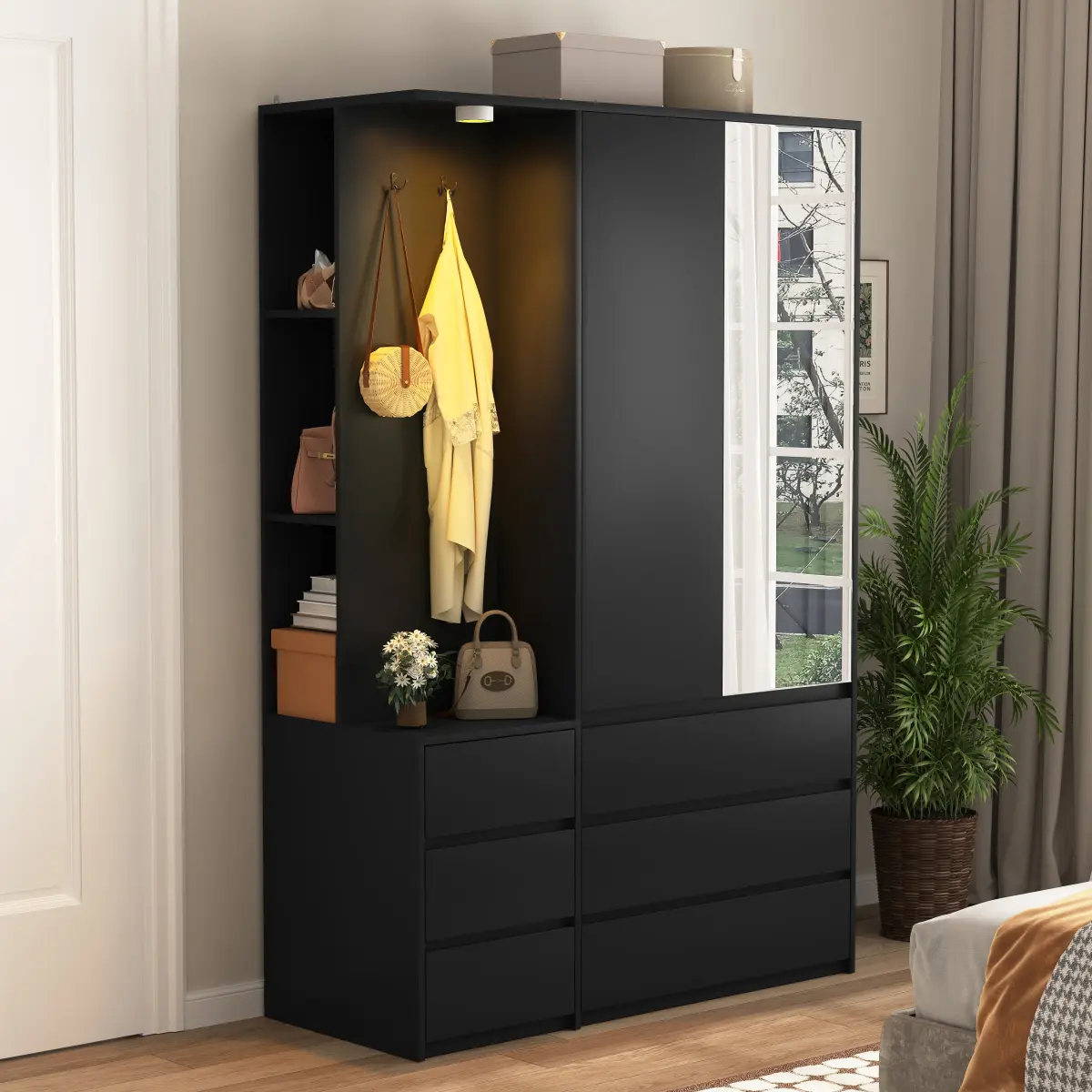 Black Modern Wardrobe Closet with Mirror & Integrated LED Light, 6 Drawers & Ample Hanging Storage, Multi-Functional Armoire for Bedroom