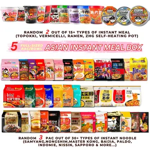 Asian Instant Ramen & Meal Random Variety Bundle (3 Full-sized Pac + 2 Bowls) | 45+ Possible Choices | Samyang, Nongshim, Master Kong, BAIJIA, ZHG Self-heating Rice pot, Paldo, Indomie, Nissin)| Value Size Assorted Flavors
