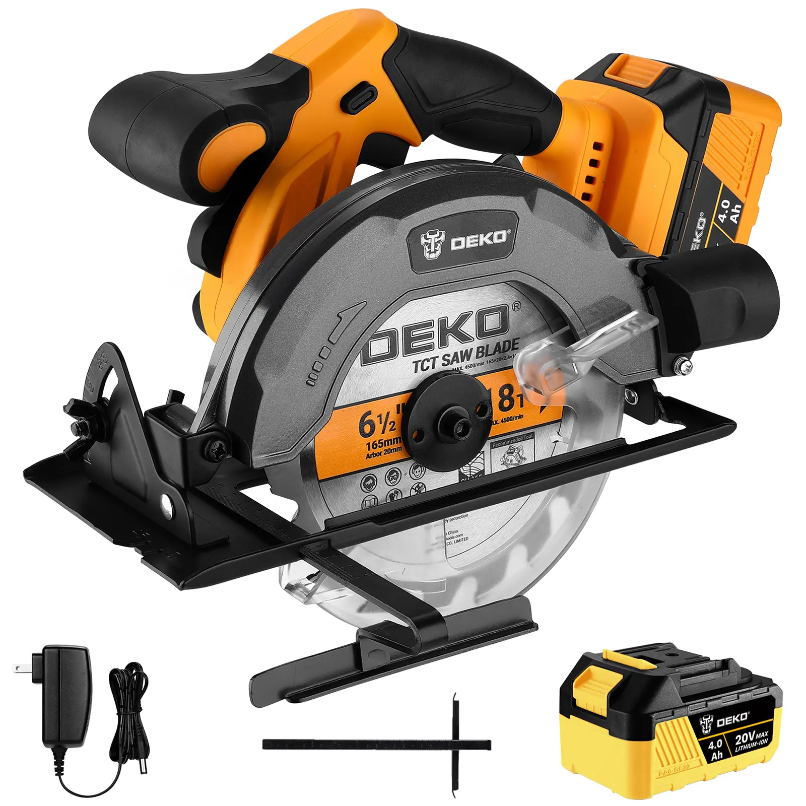 DEKO 20V Max Cordless Circular Saw, 4.0Ah Battery & Charger Included, 5500 RPM No-Load Speed, Lightweight, 165mm 6.5-Inch 800W Saw with Ergonomic Handle, 33mm/55mm Cutting Capacity for Wood, Plastic & Construction