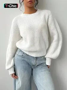 Women's Plain Basic Long Sleeve  Sweater Pullover, Casual Cozy Pullover Round Neck Jumper for Spring & Fall, Fashion Women's Knitwear for Daily Wear, Womenswear, Lady, Tops