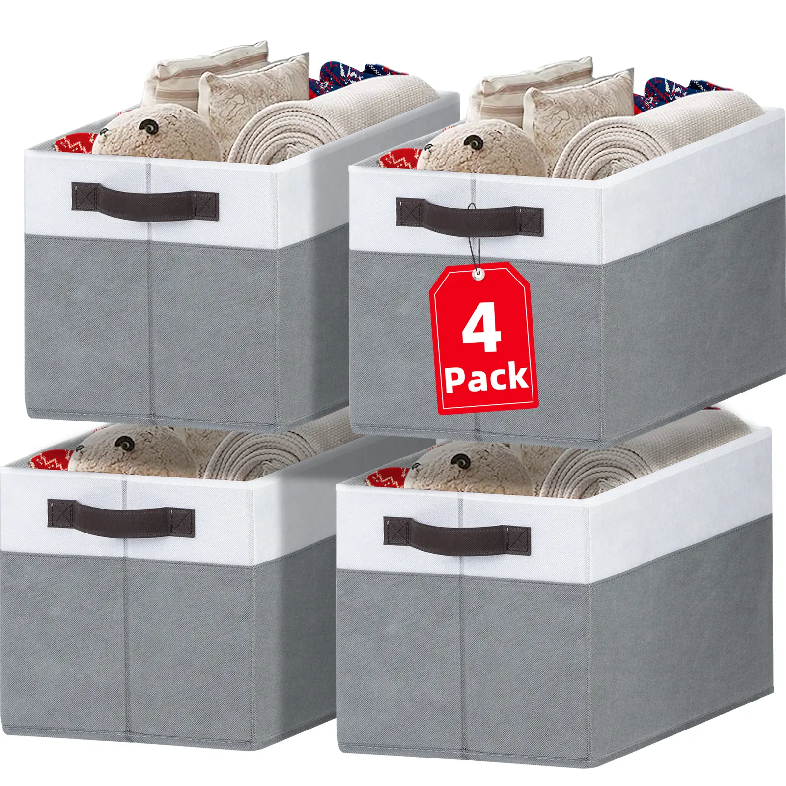 Criusia 4-Pack Large Decorative Fabric Storage Baskets, 14x10x9.5in Collapsible Household Storage Containers with Handles for Closet Organization, Laundry, Shelves