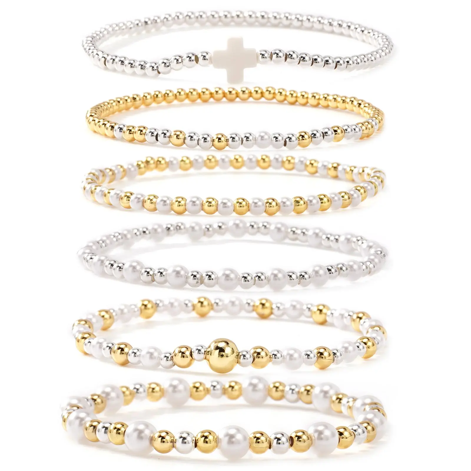 SHINUS BOHO 6-Piece Bangle Bracelets for Women, Stackable Gold-Plated Boho Jewelry with Freshwater Pearls and Cross Charm, Stretchy Beaded Arm Candy Accessories Set, Banglebracelets, Artisan, Gift Set