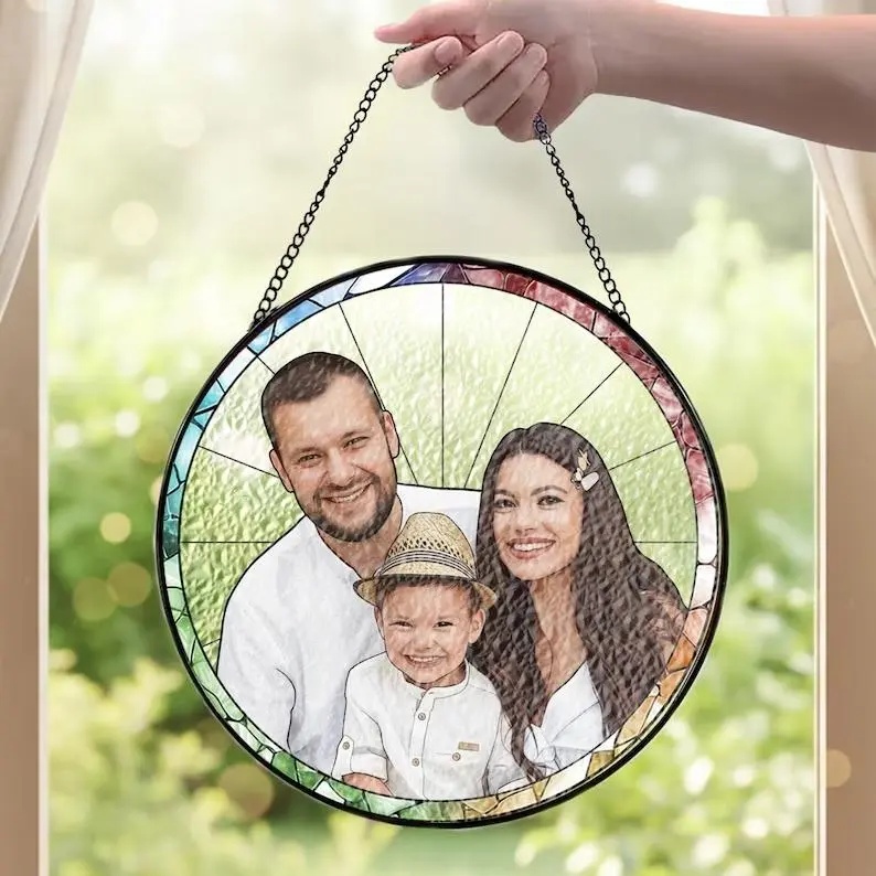 Personalized Photo Portrait Mom Stained Glass Suncatcher, Grandma & Grandkids Image Window Hanging Mother's Day Gift