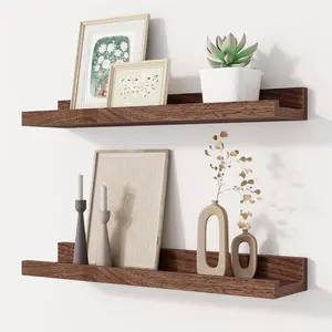 Floating Picture Ledge Shelves Set of 2, 16 Inch Solid Wood Wall Shelves with Lip, Large Nursery Book Shelf for Toys Storage, Kids Bookshelf, Living Room, Bedroom Decor Frames, Walnut Color