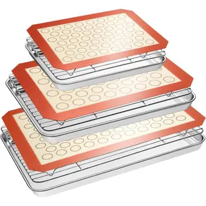 Baking Sheet Tray Cooling Rack with Silicone Baking Mat Set, Stainless Steel Cookie Pan For Oven, Set of 9 (3 Sheets + 3 Racks + 3 Mats), Warp Resistant Heavy Duty Easy Clean, Red
