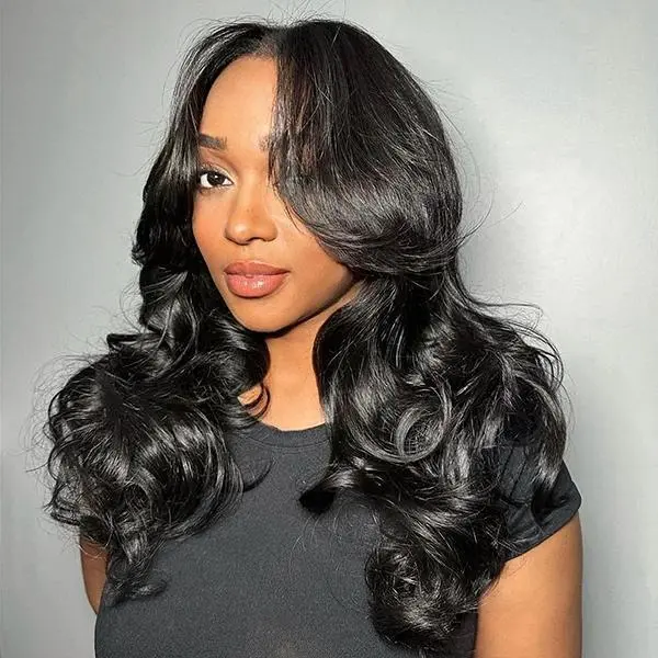 Celie Hair Face-Framing Curtain Bangs Body Wave Glueless Wig with Layers Pre Cut 6x5 HD Lace Human Hair Closure Wigs 180% 250% Density Pre Bleached Pre Plucked Wear Go wig