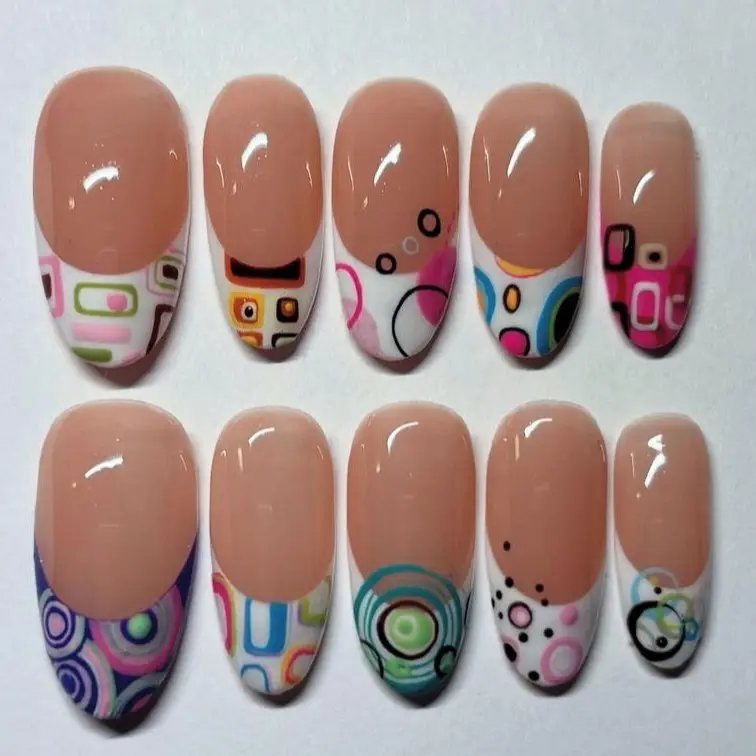 S129 Nailed by Vibe –Retro Geometric Press-On Nails, Handmade Colorful Circles & Squares, Nude Base with Vibrant Abstract Tips, Playful Y2K Style, Custom Nail Art, Gifts for Her