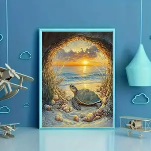 1pc Sea Turtle Diamond Painting Art Suitable for Home Decor, Round Diamond Suitable for Wall Hanging or Tabletop Display, Sea Turtle Sunset Beach Craft with Sea for &, Relaxing Activity Gift for Ocean Theme Room Decor
