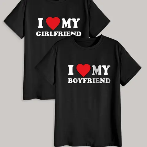 Men's Heart & Slogan Print Round Neck Tee, Regular Fit Casual New Trendy "I Love My BF" & "I Love My GF" Print T-shirt, Casual Summer Top for Men