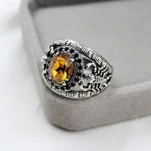 Vintage Scorpion Statement Ring, Antiqued Silver‑Tone Band with Yellow Crystal Accent