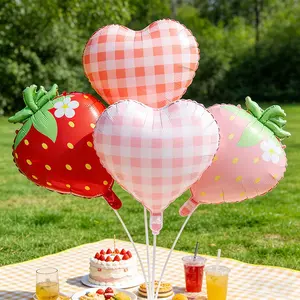 Five-Piece Balloon Set, Includes Large Strawberry Foil Balloons & Heart-Shaped Checkered Balloons, Perfect for Weddings Birthdays Anniversaries, Parties